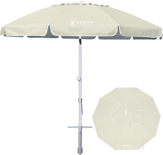 AMMSUN 8 Feet Large Beach Umbrella with Sand Anchor Heavy Duty High Wind Portable Outdoor Umbrellas UV 50+ Protection Air Vent Tilt Patio Garden Pool