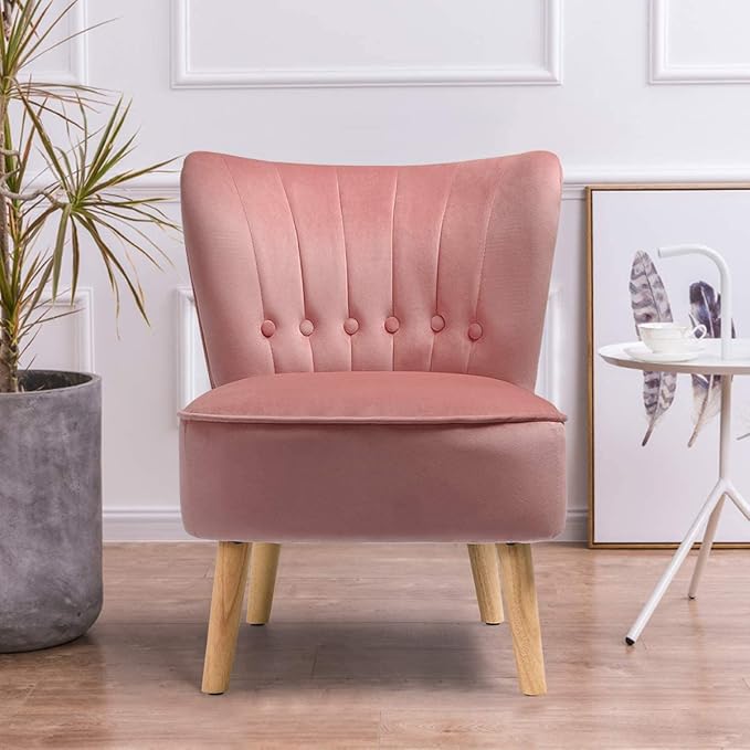 Giantex Set of 2 Modern Velvet Accent Chair, Small Upholstered Leisure Sofa Chair w/Wood Legs, Thickly Padded and Button Tufted, Armless Wingback Club Chairs for Living Room Bedroom Furniture, Pink