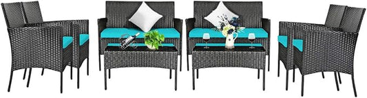 Tangkula 8 Piece Patio Furniture Set, Outdoor Wicker Conversation Set with Tempered Glass Coffee Table, Rattan Loveseat & Chairs Set with Seat Cushions for Backyard, Garden, Poolside (2, Turquoise)