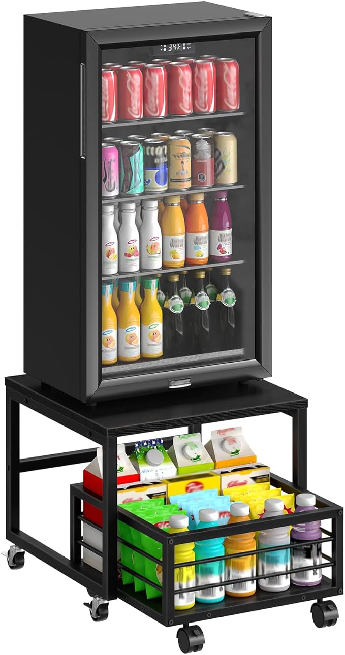 HOOBRO Mini Fridge Stand with Movable Storage Basket, Mini Fridge Cabinet with Wheels and Adjustable Feet, Sturdy Metal Frame, for Home, Apartment, Office, Black BB155TL01