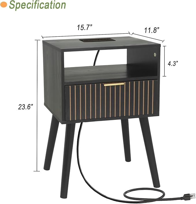 Black Nightstand with Charging Station, Mid Century Modern Bedside Table with Open Shelf and Storage Drawer, End Table with Solid Wood Legs, Black