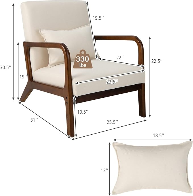 Giantex Modern Accent Chair with Pillow - Comfy Upholstered Lounge Armchair with Anti-Slip Felt Pads, Wooden Frame Soft Padded Arm Chairs for Living Room, Bedroom, Study, Beige