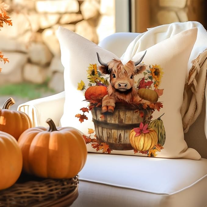 RABUSOFA Fall Decor Pillow Covers 18x18 Inch Highland Cow Autumn Decorations for Home Outdoor Thanksgiving Hello Pumpkin Sunflower Decor Decorative Throw Pillow Cases for Couch Burnt Orange