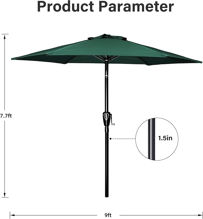 Simple Deluxe 9FT Outdoor Patio Umbrella Table Market Umbrella with Push Button Tilt and Crank, 8 Sturdy Ribs, UV Protection Waterproof for Garden, Lawn, Deck, Backyard, Pool, Green
