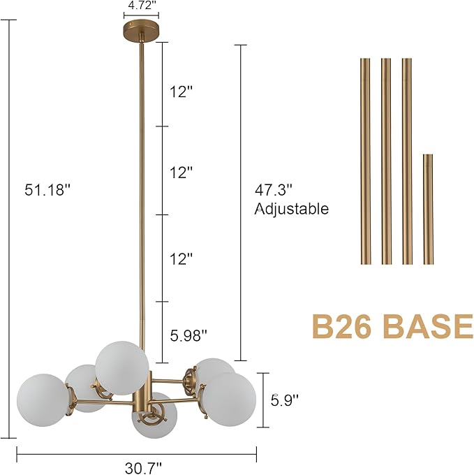 6-Lights Sputnik Chandeliers Gold Mid Century Modern Chandelier Fixture with Milk White Globe Glass, Dining Light Fixtures Ceiling Hanging for Living Room Bedroom Kitchen Island Foyer