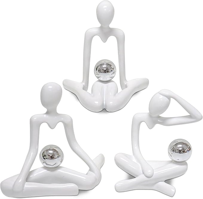 Zerzsy 3pcs Thinker Statue White Decor Abstract Art Sculpture, Thinker Sculptures Resin Collectible Figurines for Home Living Room Office Shelf Decoration, Great Gift Ideas (White)