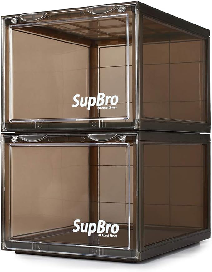 SupBro Collection Crate - Easy Access Storage Shoes Box -Plastic Foldable Stackable Sneaker Display Storage with Clear Front Door Organizer-2 Pack (Steel Flash)