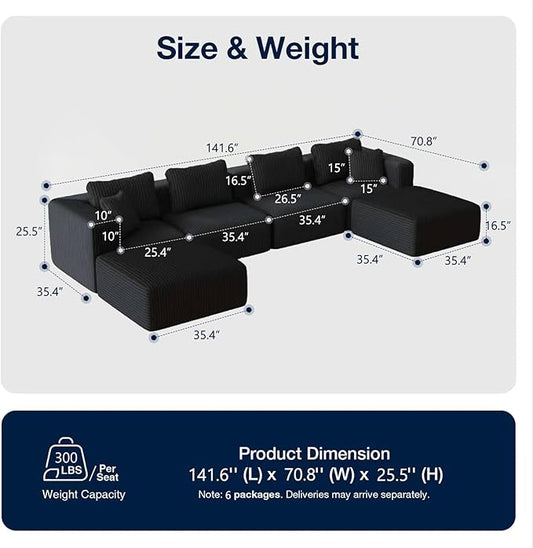 Avenco 141” U-Shaped Modular Sectional Couch Sofa with 2 Ottomans, Individually Wrapped Coil Support & Corduroy Fabric, Zero Assembly 6-Piece Set for Spacious Living Room, Black