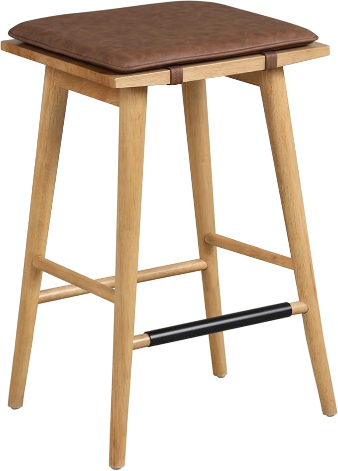 Nathan James Barker Classic Counter Height Wood Barstool with Leather Removable Cushion, Backless Island 24" Bar Stool for Kitchen, Chestnut Brown, Set of 4