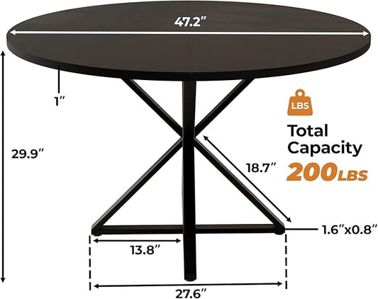 IDEALHOUSE 47 Inch Round Dining Table for 4, Farmhouse Kitchen Table with Metal K-Base, Black Circle Wood Table for Dining Room, Kitchen, Apartment & Living Room (Table Only)