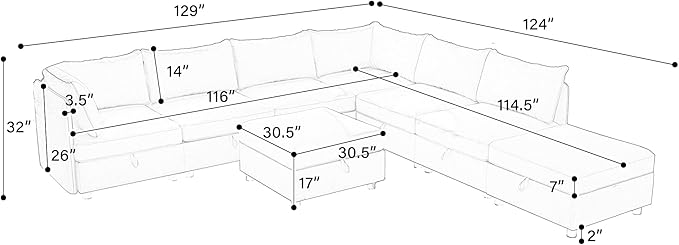 129-Inch Oversized 8 Seat Modular Cloud Sofa Deep Seat Storage Sectional Sofa Couch Free Combination W/Movable Ottomans,L/U Shaped Chenille Upholstered Convertible Sleeper Couch for Home Apartment | Space Saving