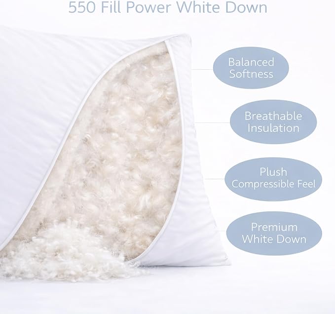 Continental Bedding Harmony White Goose Down Pillow 550 Fill Power Firm Loft 100% Cotton 300 Thread Count Shell King Size 1 Pack Made in USA