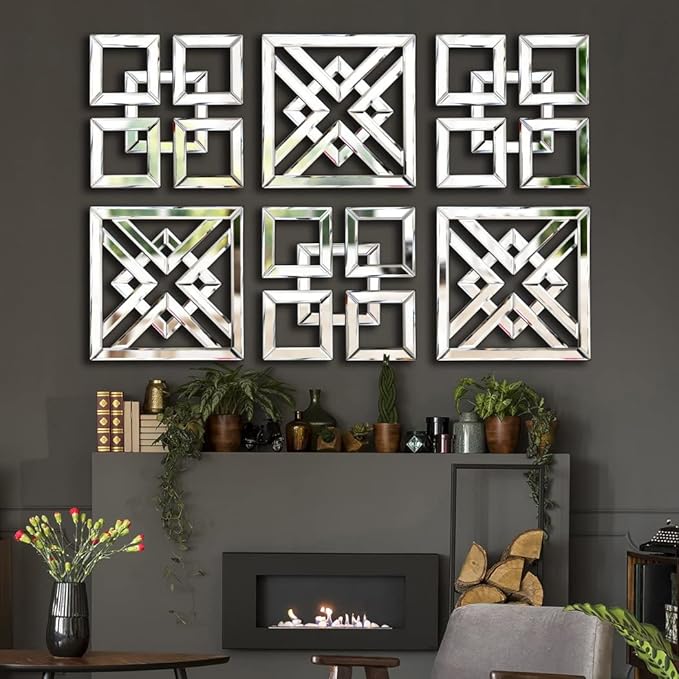 Silver Mirrored Wall Decor 16x16” Decorative Mirror Modern Fashion DIY Wall-Mounted Mirrors Square Design Gorgeous, Glam, Accent, Vintage, Chic Mirror for Room and Home Decor