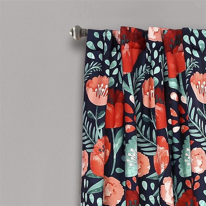 Lush Decor x 52” Navy Poppy Garden Curtains Light Filtering Window Set for Living, Dining, Bedroom, 108 in L Panel Pair