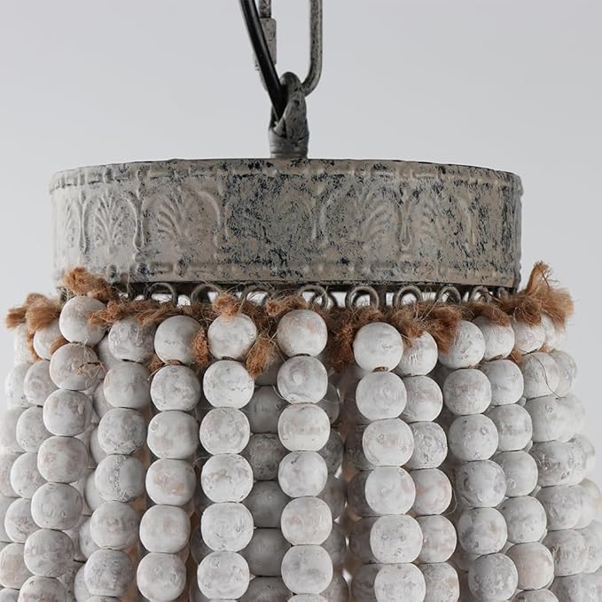Newrays Wood Beaded Chandelier Pendant Three Lights Gray White Finishing Retro Vintage Antique Rustic Kitchen Ceiling Lamp Light Fixtures(18.52 in*21.3 in)