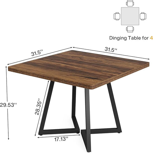 Tribesigns Square Dining Table, 31.5" Industrial Dinner Table with Metal Base, Kitchen Table for Dining Room, Small Space, Apartment, Rustic Brown & Black (4pcs)