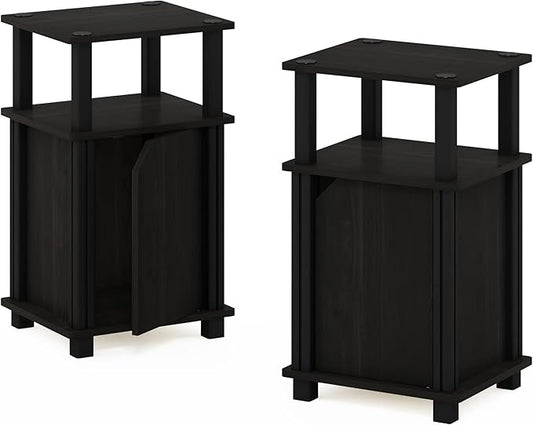 Furinno Brahms 3-Tier End Side Sofa Table/Nighstand with Door, 2-Pack, Espresso/Black