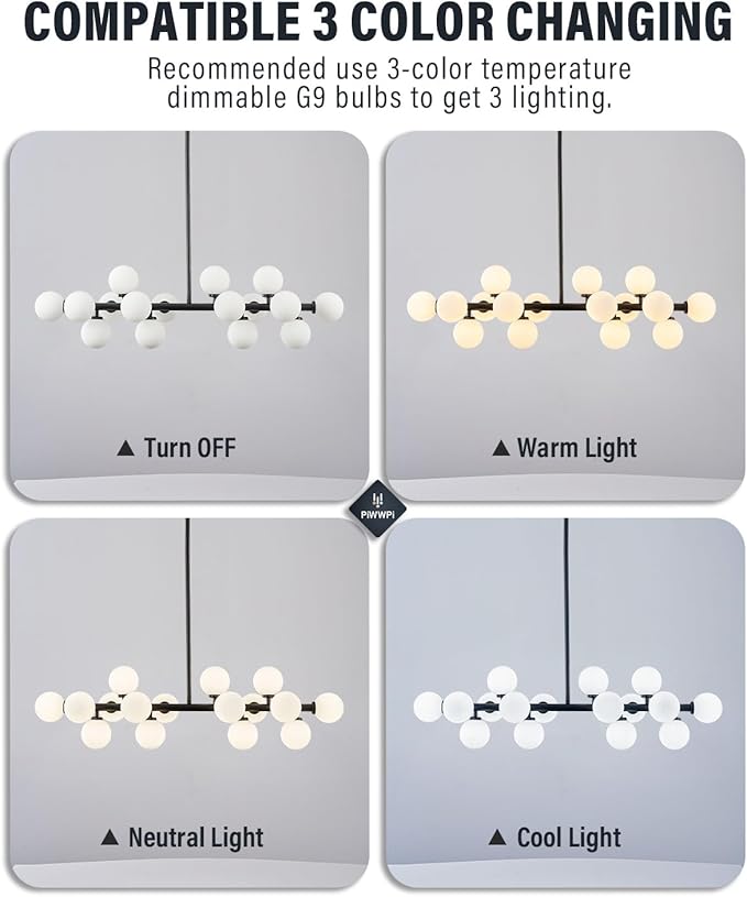 Glass Globe Sputnik Chandelier, 16-Light Mid Century Modern Light Fixture Over Table, Linear Chandeliers for Dining Room, Kitchen Island, Black and Milk White Bubble, 40 Inch, GC-02