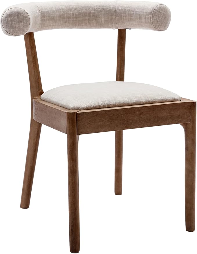 Kmax Dining Room Chairs Mid-Century Modern Fabric Kitchen Chairs with Natural Walnut Finished Frame, Linen Curved Back, 2-Pcs Set, Beige