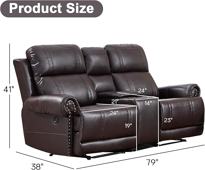 EBELLO Faux Leather Electric Reclining Loveseat Sofa, Power Recliner Two Seats Couch with USB and Type-C Charging Ports, Vintage Rivet Design for Small Living Room, Bedroom and Meeting Room, Brown