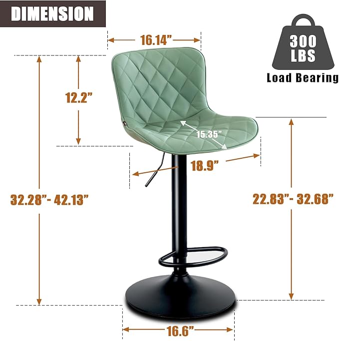 YOUNUOKE Bar Stools Set of 2 with Back Modern Faux Leather Swivel Counter Height Barstools Adjustable Tall Bar Stool Chairs for Kitchen Islands, Sea Green
