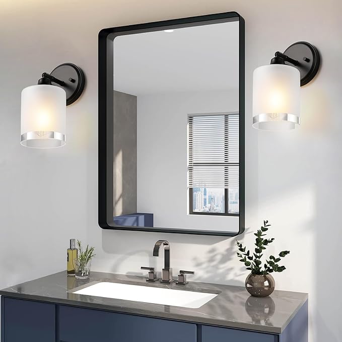 Wall Sconces Set of Two, Rotatable Bathroom Sconces with Thickened Frosted Glass Shades, Modern Vanity Light Wall Mount Lighting Lanterns for Bedroom Living Room Hallway Mirror(Black,E26 Base)