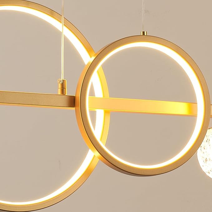 LED Gold Chandeliers for Dining Room, 47in Dimmable Modern Chandelier Gold Pendant Lights for Kitchen Island, Linear Ring Globe Pendant Light Fixtures Dining Room Lights Ceiling Hanging