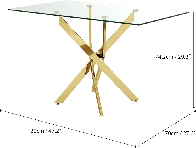 Tempered Glass Dining Table with Chromed Legs, 47" Modern Rectangular Kitchen Table for Dining Room Kitchen,Gold