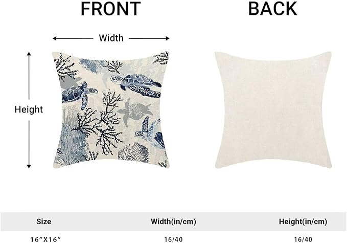 BETGINY Coastal Throw Pillow Cover 16 x 16 Inch Pack of 2, Beach Themed Blue Coral Sea Turtle Decorative Pillow Covers Square Linen Nautical Ocean Pillow Cases Cushion for Bedroom Home Sofa Decor