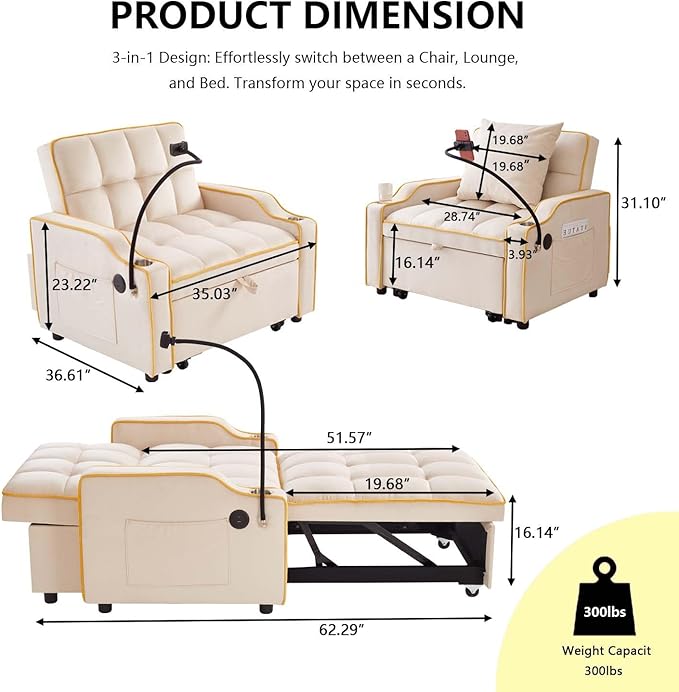 Convertible Sofa Bed, 3 in 1 Futon Sofa Bed with USB Charging Ports, Cup Holder, Phone Stand & Pocket, Modern Upholstered Sleeper Sofa for Living Room, Apartment or Small Space (Beige)