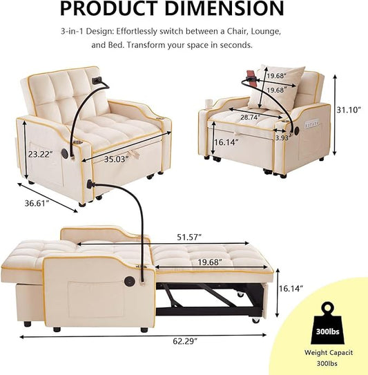 Convertible Sofa Bed, 3 in 1 Futon Sofa Bed with USB Charging Ports, Cup Holder, Phone Stand & Pocket, Modern Upholstered Sleeper Sofa for Living Room, Apartment or Small Space (Beige)