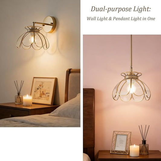 Vintage Brass Ceiling Pendant Light with Stained Lotus Flower Clear Glass Shade, Oriental Hanging Lamp or Wall Sconces Dual-Purpose, for Kitchen Island Dining Room Bedroom Living Room-7.9" Shade