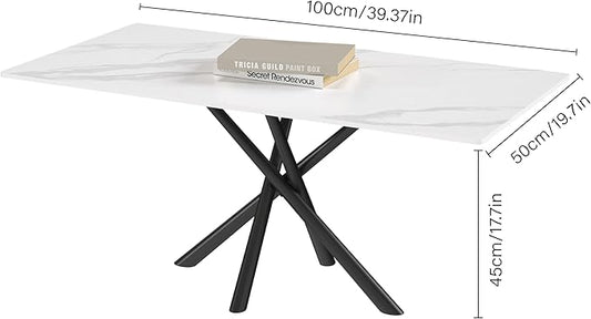 White Marble Coffee Table,Rectangle Modern Table with Sintered Stone Top and Black Metal Legs, 40 Inch Center Table for Living Room Apartment