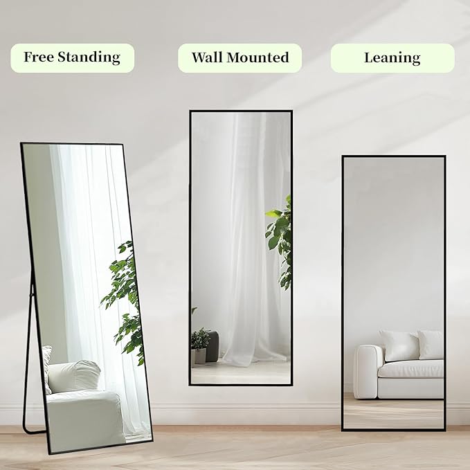 Full Length Mirror, Full Body Mirror with Aluminum Metal Frame, Standing Mirrors for Bedroom, Livingroom, Cloakroom, Hallway, Home Décor. (56x16 inch, Black)