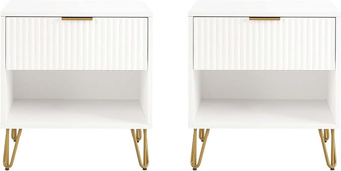 Manhattan Comfort Dumbo Modern Nightstand 1.0 with 1 Drawer and Metal Feet | Splayed Gold Legs | Vertical Ribbed Design | No Tool Assembly Storage for Bedroom & Living Room, Set of 2, White