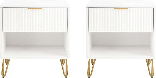 Manhattan Comfort Dumbo Modern Nightstand 1.0 with 1 Drawer and Metal Feet | Splayed Gold Legs | Vertical Ribbed Design | No Tool Assembly Storage for Bedroom & Living Room, Set of 2, White