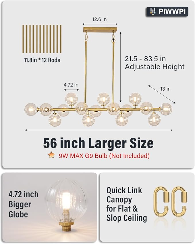 55" Long Brass Gold Chandeliers for Dining Room Kitchen Island, Large Globe Sputnik Linear Chandelier, 16 Lights Mid Century Modern Light Fixture Over Table, Clear Bubble, GC-08