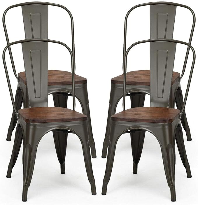 COSTWAY 18 Inch Dining Chair Set of 4, Industrial Vintage Stackable Metal Chairs, Counter Bar Chairs with High Backrest, Wood Seat, for Home, Kitchen and Cafe Bar Use