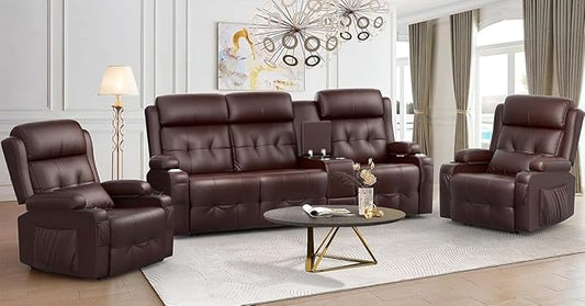 Recliner Sofa, 3 Seater Massage Reclining Loveseat Sofa Sets, 2 Single Power Recliner Chairs Heat & Massage, Heavy Weight Capacity, RV Clearance Love Seat Couch with Console, USB, Type C Port