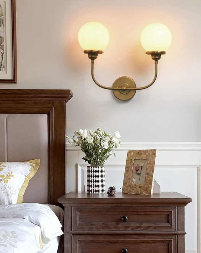 PERMO Vanity Light Classic Gold Double Sconce with 5.9" Round Globe Milk White Glass Shade Bathroom 2 Lights Sconces for Bedroom Living Room Hallway