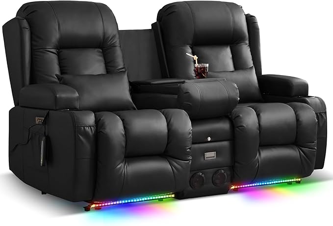 TUNYI Power Loveseat Recliner Sofa, Faux Leather Reclining Sofa with Console RV Reclining Loveseat Couch with USB/Outlet/Storage/Side Pocket/LED Light/Speaker (Black, Loveseat)