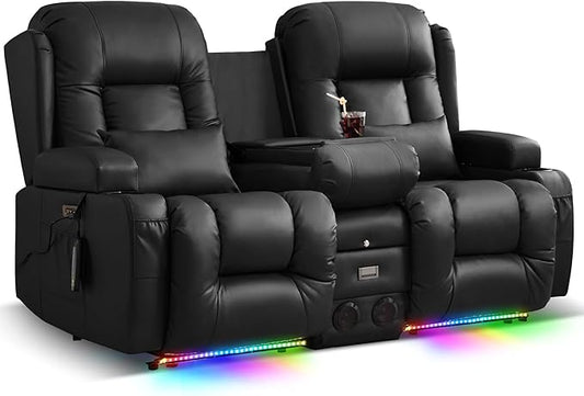TUNYI Power Loveseat Recliner Sofa, Faux Leather Reclining Sofa with Console RV Reclining Loveseat Couch with USB/Outlet/Storage/Side Pocket/LED Light/Speaker (Black, Loveseat)