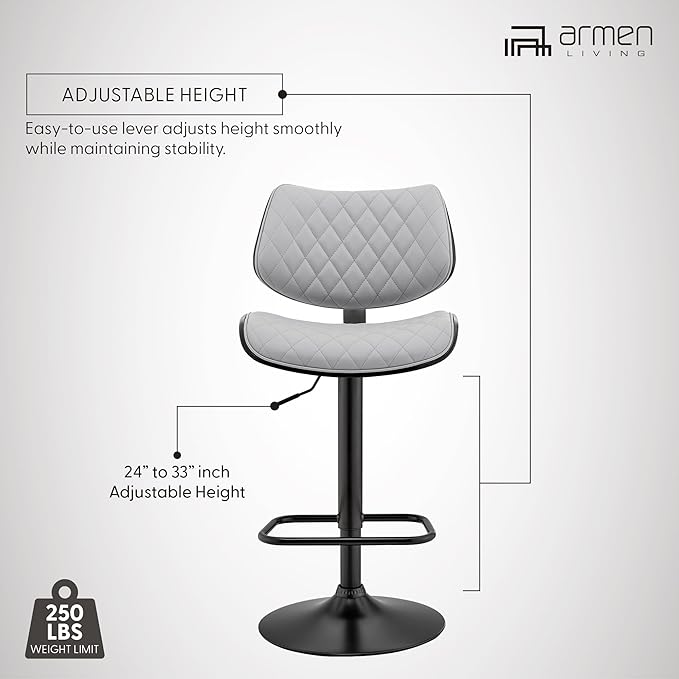 Armen Living Leland Adjustable Grey Faux Leather and Black Finish Bar Stool