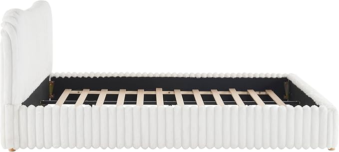 Merax Sleek Boucle Upholstered Bed with Wavy Headboard & Vertical Stitching,King,White