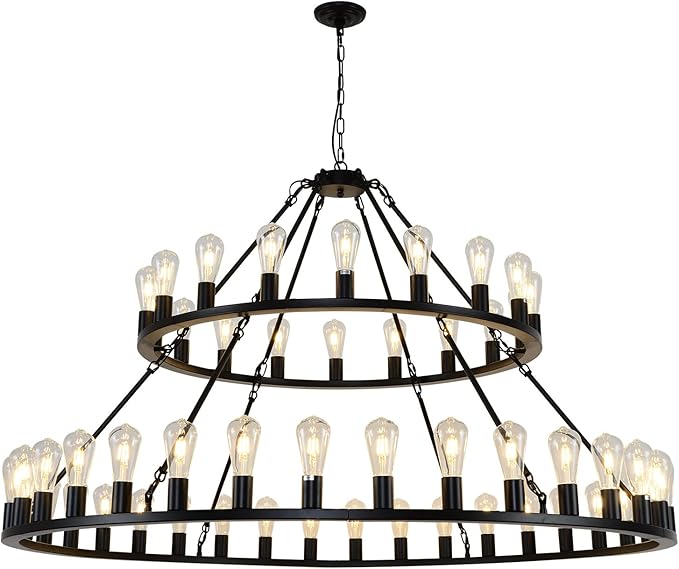 Wagon Wheel Chandelier 2 Tier 54-Light 60-inch, Farmhouse Industrial Chandelier Black Rustic Pendant Light Fixture Extra Large for High Ceilings, Living Room Foyer