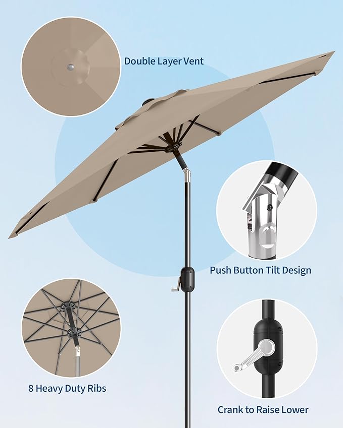 GarveeLife 10FT Outdoor Patio Umbrella, Outdoor Table Umbrella, Market Umbrella with Push Button Tilt and Crank, 8 Sturdy Ribs UV Protection Waterproof for Garden, Deck, Backyard, Pool, Tan
