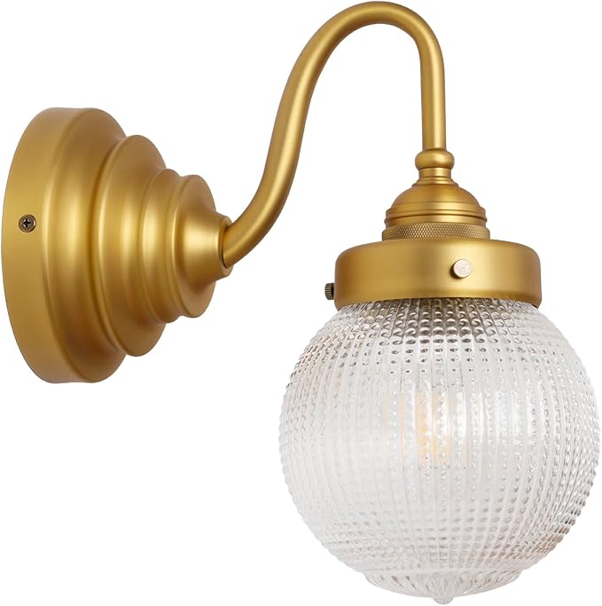 Curved Arm Wall Sconce Lighting with Clear Ribbed Glass Globe Shade, Vintage Brass Bathroom Wall Light Fixtures for Kitchen Living Room Bedroom Farmhouse