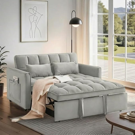 3 in 1 Convertible Sofa Bed, Love Seat Sleeper Bed with Side Pockets, Velvet Fabric Pull Out Couch with Adjustable Backrest for Living Room, Bedroom, Apartment, Gray