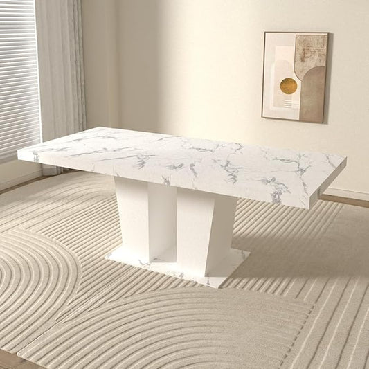 Ball & Cast Expandable Dining Table for 6-10,63-78.74" Kitchen Table W/Heavy Duty Pedestal Base,Rectangular Extendable Dining Room Table for Small Space,White Marble
