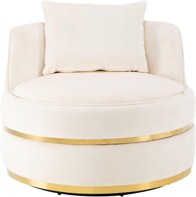 Merax 360° Swivel Accent Chair 32.6" Velvet Modern Upholstered Barrel Chair Comfy Soft Round Reading Sofa Chair with Seat Cushion for Living Room, Bedroom, Office, Apartment (Beige)